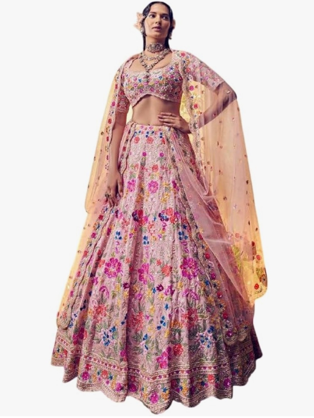 Embroidered Pink Floral Lehenga with Sheer Cape (Never Worn)